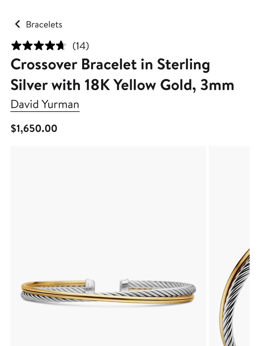 D&Y Two-Tone Cable Crossover Bracelet in Silver and Yellow Gold